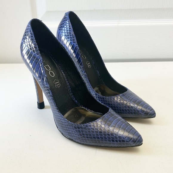Aldo Blue Leather Snakeskin Pattern High Heels Pointed Toe Stilettos Size 7.5 - Picture 3 of 16